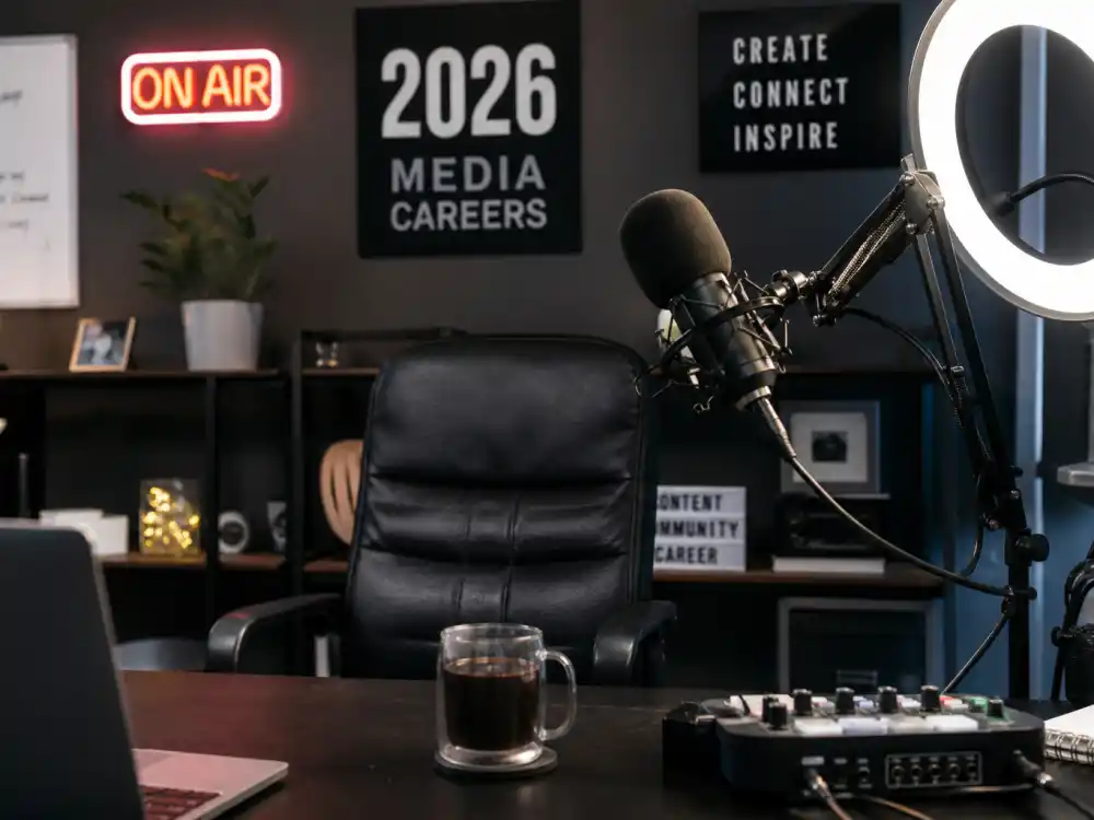 Modern podcast studio representing where former Disney Channel stars where are they now alumni work in 2026 media careers