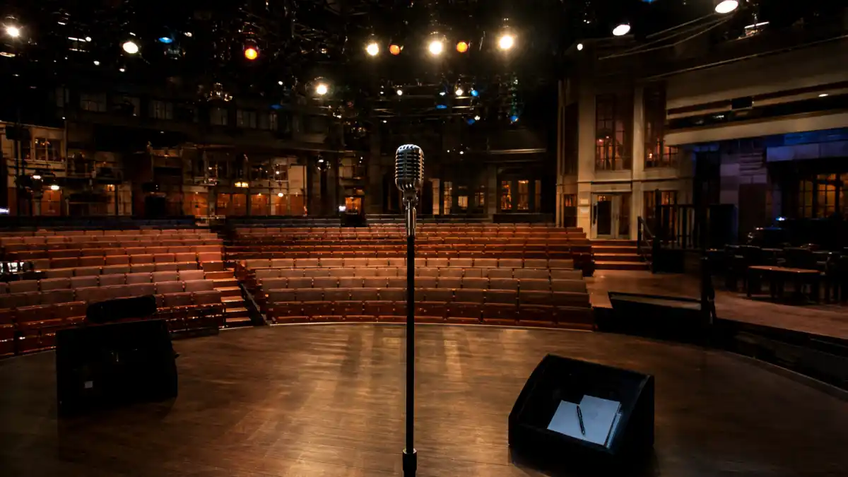 Former SNL cast members where are they now — empty Saturday Night Live studio stage with vintage microphone evoking late-night comedy legacy
