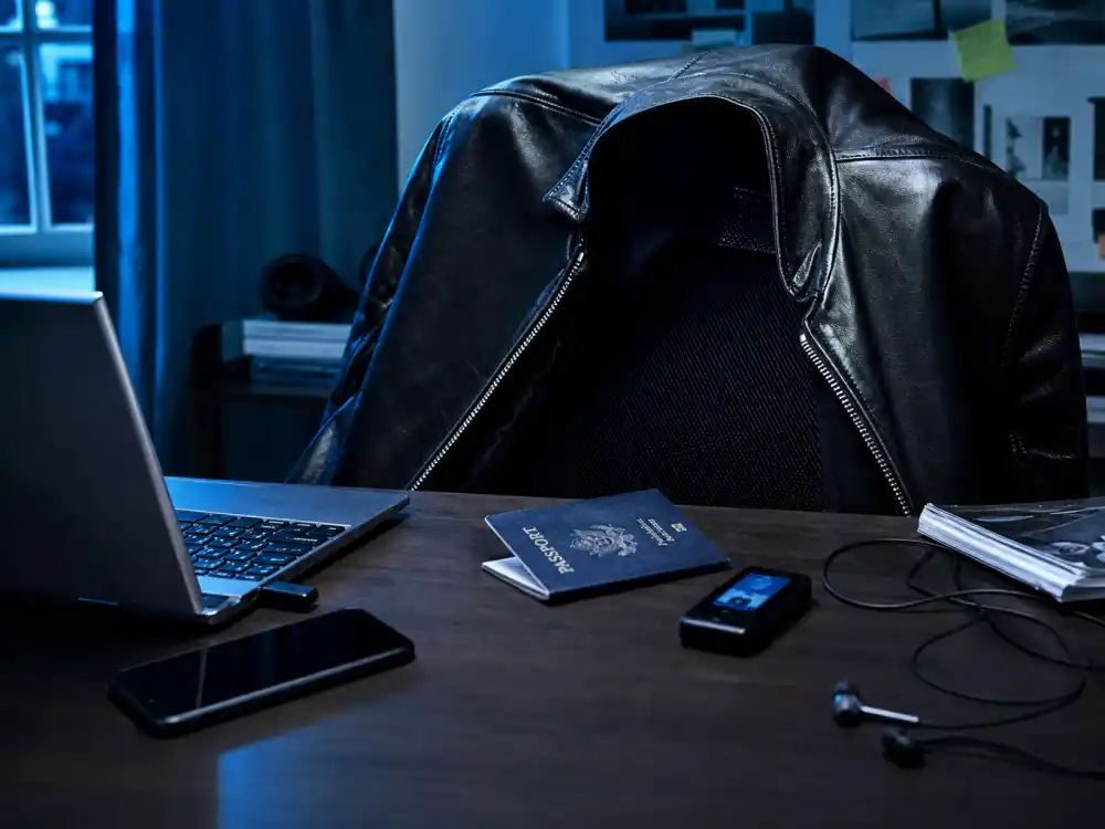 Spy thriller props on a desk representing Frankie Muniz Agent Cody Banks movie career