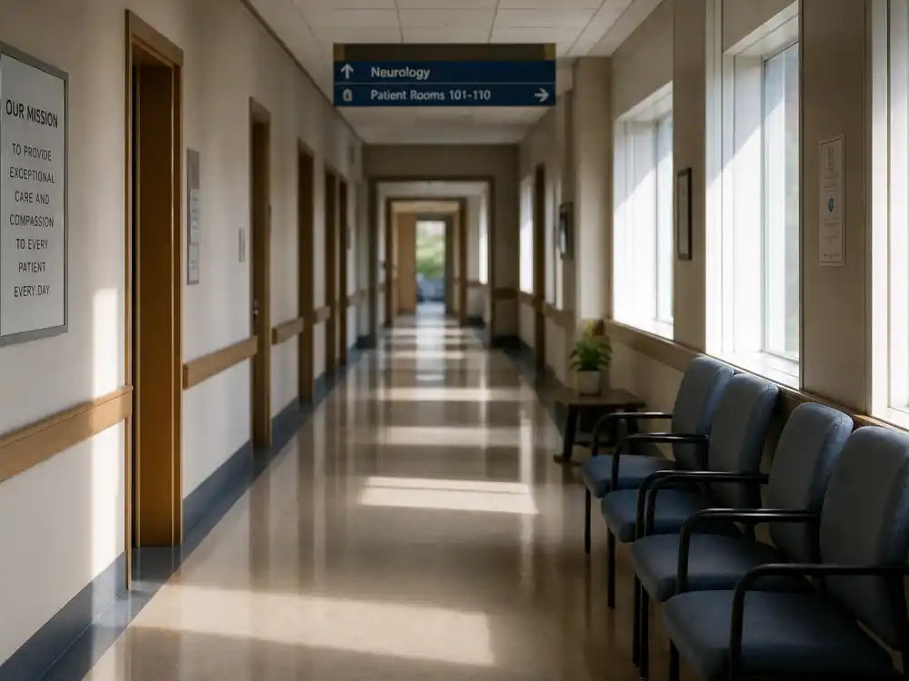 A quiet hospital corridor with soft light reflecting Frankie Muniz health and memory challenges