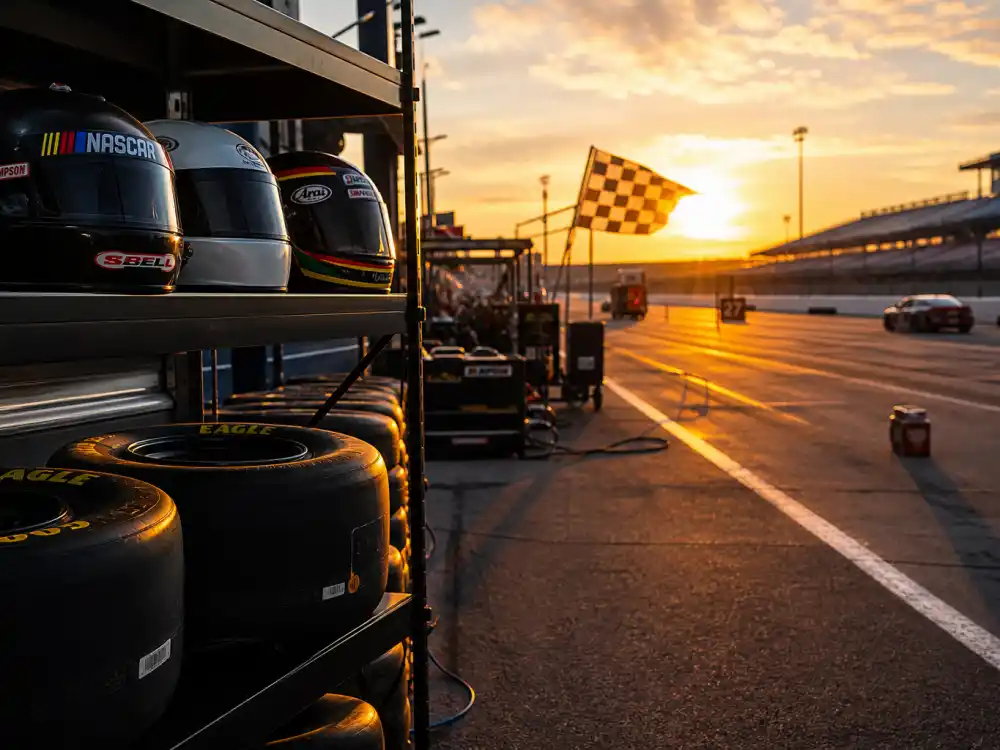 Race car pit lane at sunset symbolizing Frankie Muniz NASCAR and open-wheel racing years