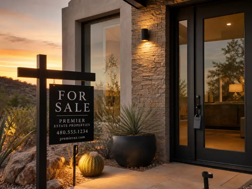 Scottsdale-style desert home with real estate sign where Frankie Muniz now builds a quieter life