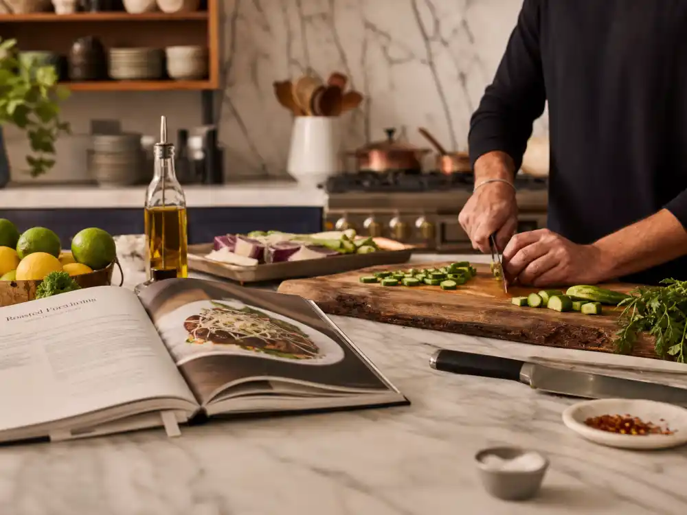 A home kitchen with cookbook and fresh ingredients reflecting Freddie Prinze Jr cooking and his Back to the Kitchen book