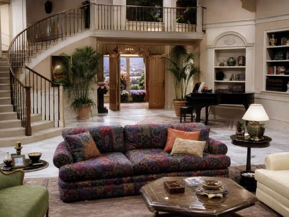 Lavish sitcom living room interior evoking the Banks family mansion in Fresh Prince of Bel Air cast where are they now
