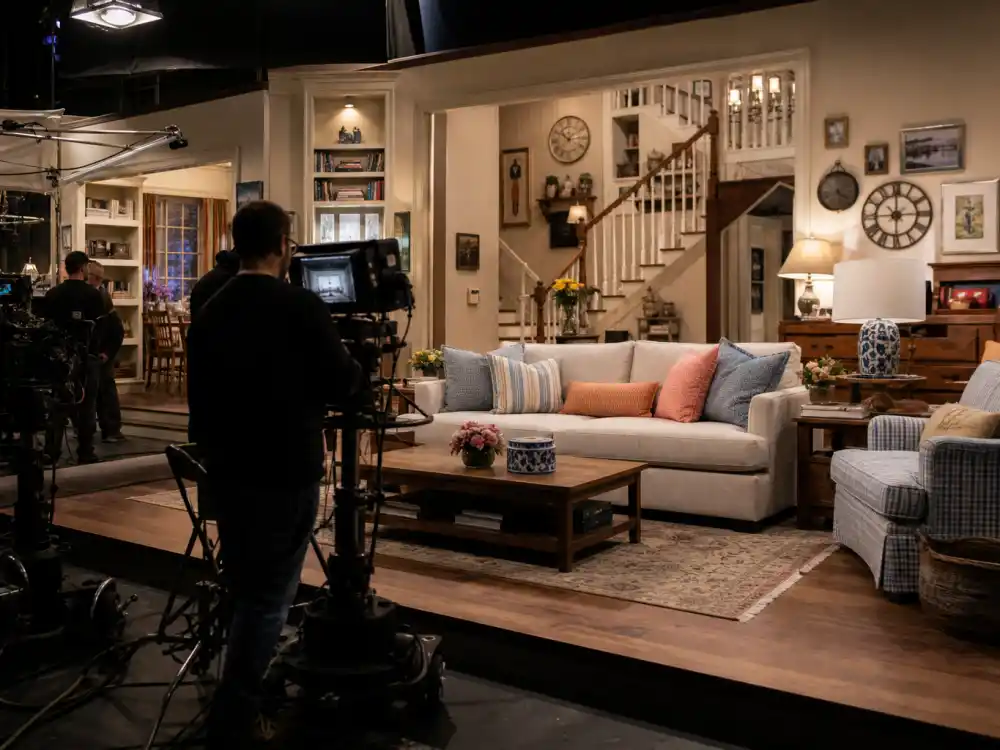 Modern streaming sitcom soundstage representing Fuller House and the Full House cast where are they now Netflix reunion