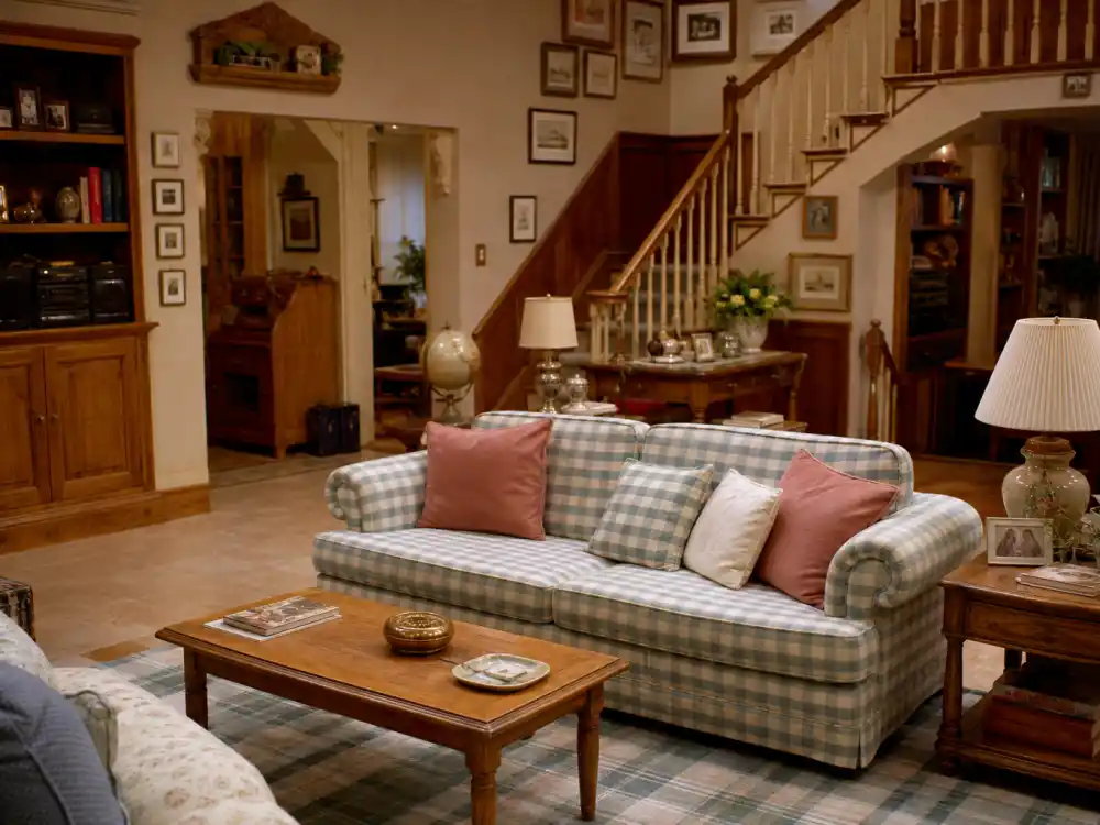 Cozy 1990s sitcom living room interior evoking the Full House cast where are they now Tanner family home