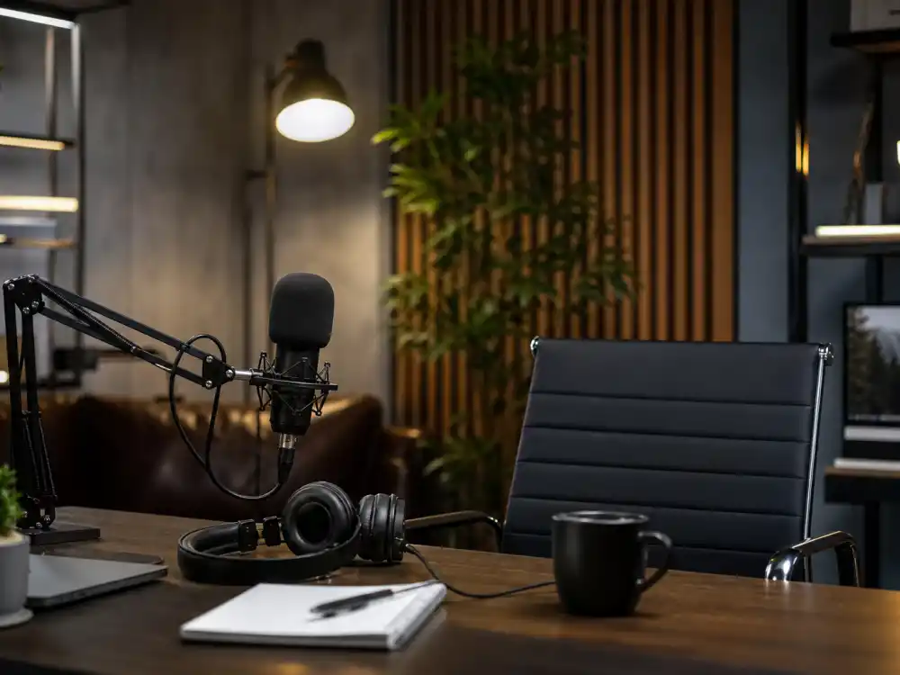 Modern podcast studio representing where the Full House cast where are they now alumni work in 2026 media careers