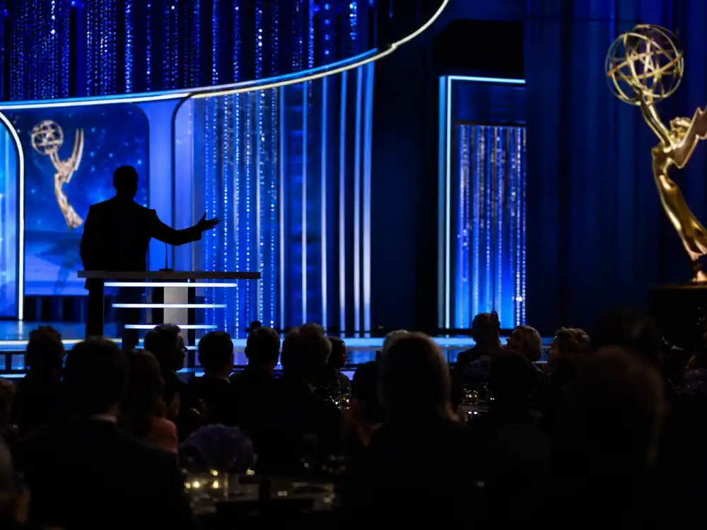 Emmy telecast comedy at the lectern joins the funniest award show moments of all time when hosts roast television culture live on CBS