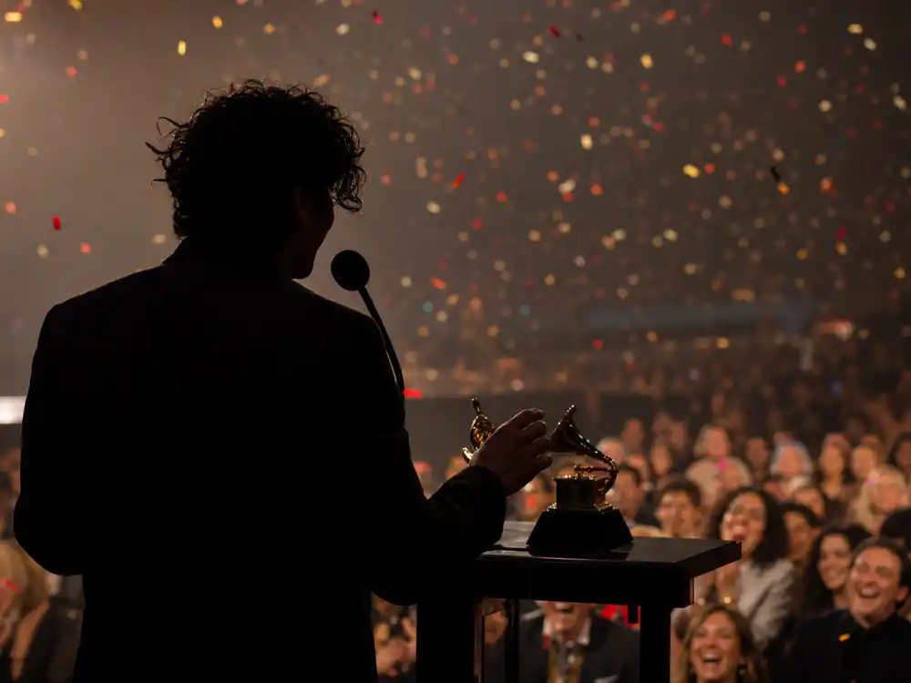 Grammy stage comedy with confetti and laughing audience silhouettes illustrate funniest award show moments of all time beyond the Oscars