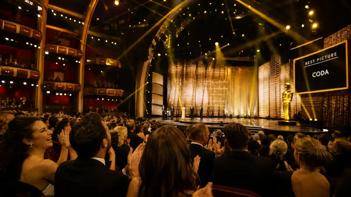 Funniest award show moments of all time — laughing audience silhouettes at a golden Oscar-style awards ceremony under live broadcast spotlights
