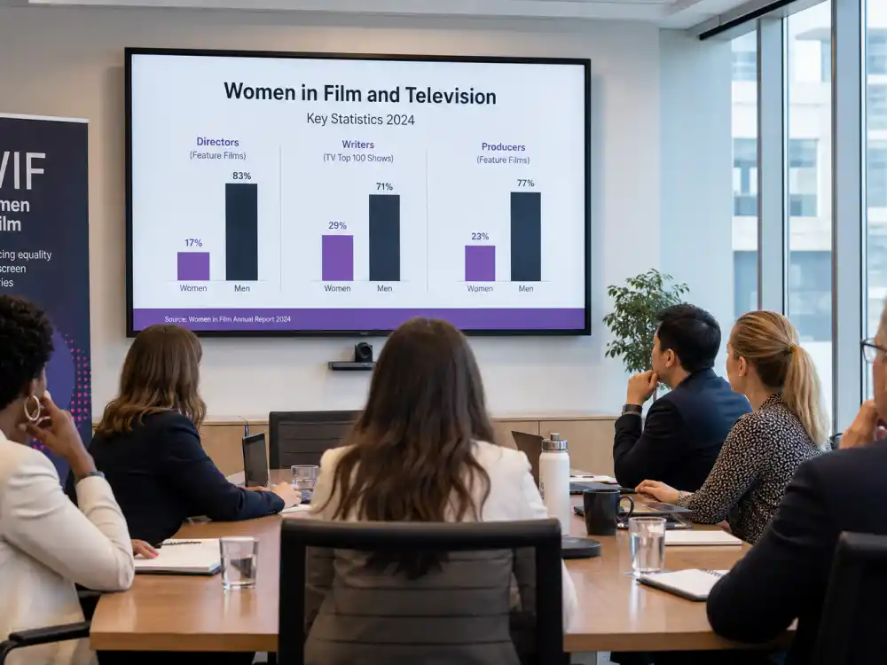 A nonprofit conference room with gender-in-media research charts for Geena Davis Institute on Gender in Media advocacy