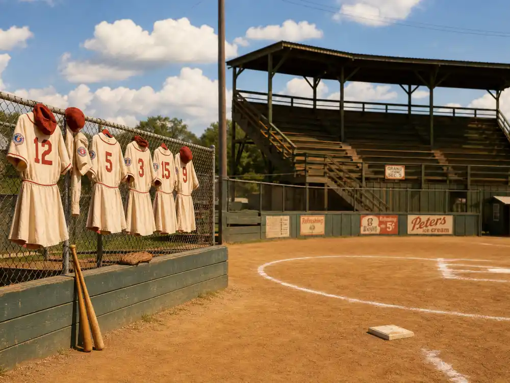 A vintage 1940s women baseball diamond evoking Geena Davis A League of Their Own Dottie Hinson role