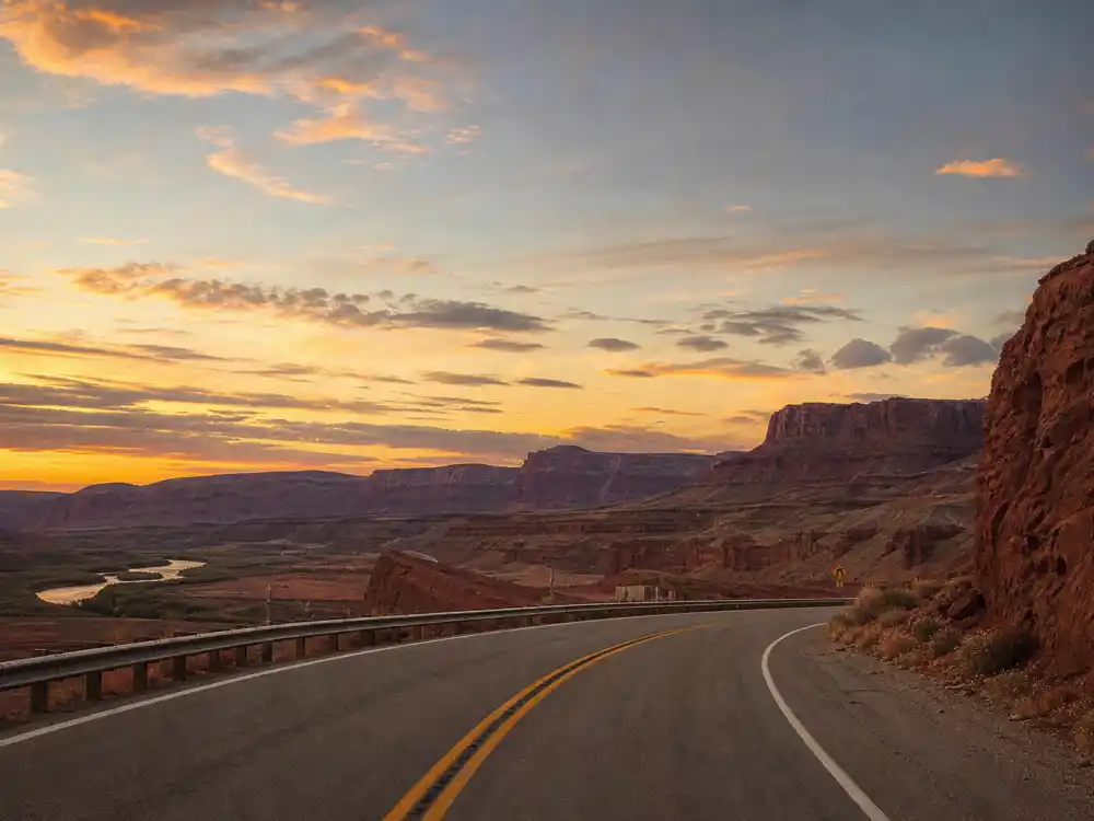 Red rock canyon desert road for Geena Davis Thelma and Louise cultural landmark and 1990s feminist cinema fame