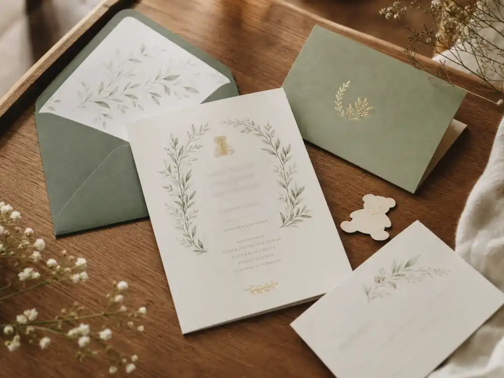Elegant cream and sage green birth announcement stationery for unisex baby names — gender neutral celebrity baby names trending land on cards fans screenshot within minutes of Instagram drops