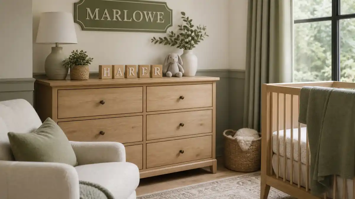 Gender neutral celebrity baby names trending nursery hub — sage green dresser with MARLOWE plaque, HARPER letter blocks, and neutral unisex decor
