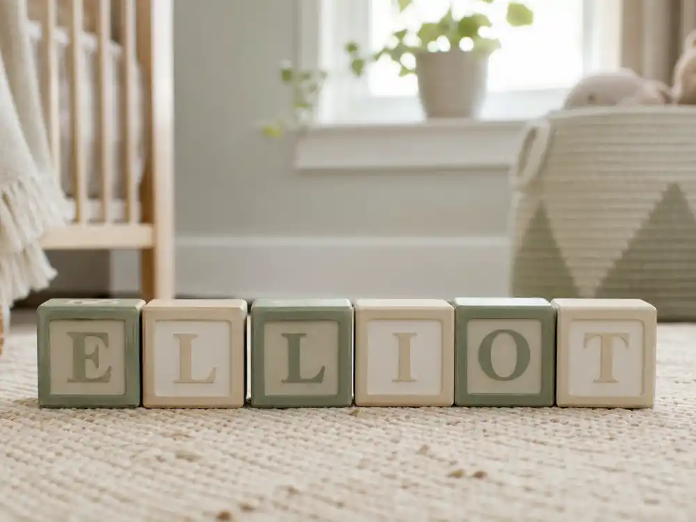 Sage green and cream wooden alphabet blocks spelling ELLIOT on neutral nursery rug — gender neutral celebrity baby names trending decode culture starts with confirmed spellings