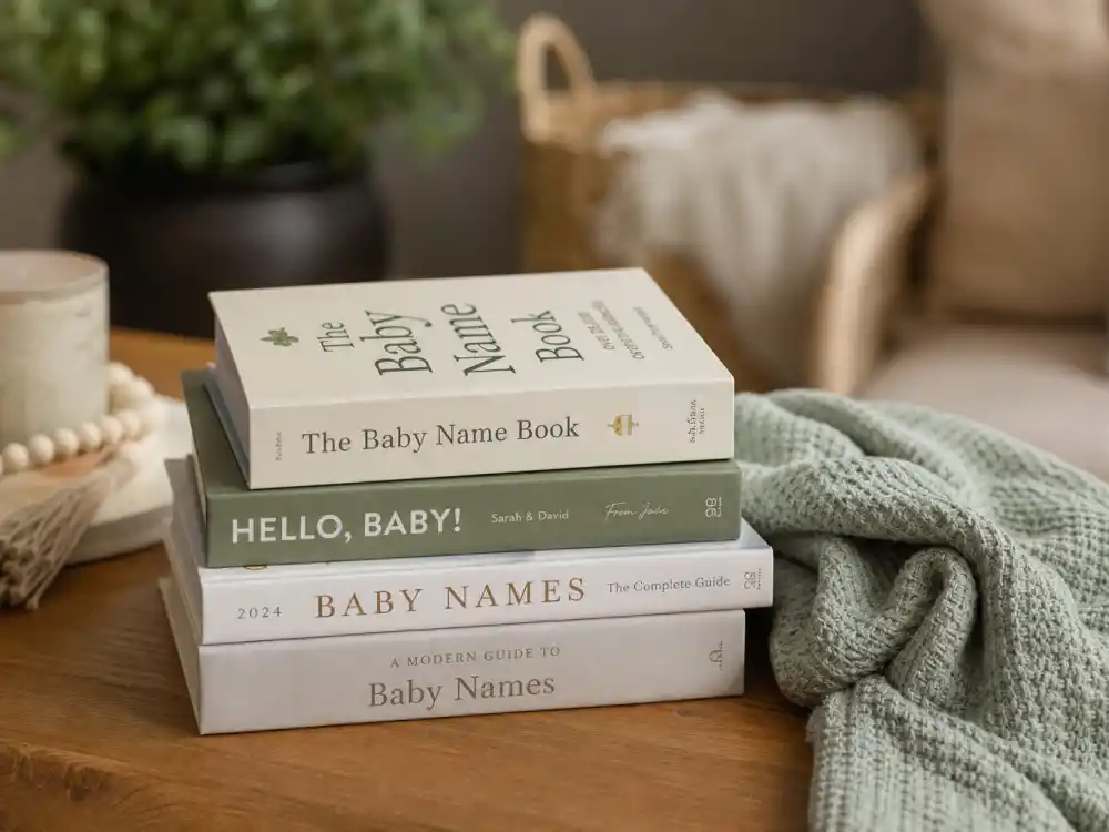Trending baby name books stacked on coffee table with sage green nursery blanket — gender neutral celebrity baby names trending drive search spikes hours after verified star birth reveals