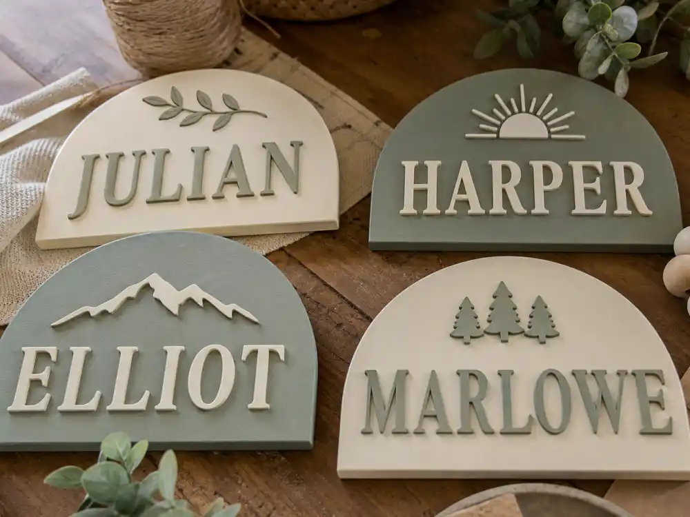 Handcrafted wooden nursery name plaques for Julian, Harper, Elliot, and Marlowe — gender neutral celebrity baby names trending from verified USA Celebs hubs