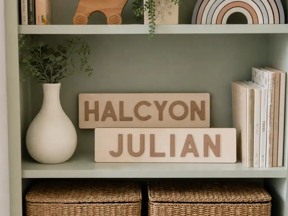 Sage green nursery shelf with HALCYON and JULIAN neutral color plaques — gender neutral celebrity baby names trending living guide updates when hubs confirm official captions