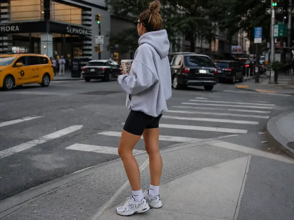 Oversized grey hoodie and black biker shorts illustrating Gigi Hadid street style 2026 sports-luxe formula