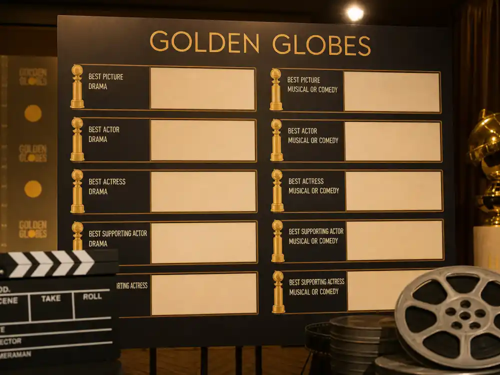 Film category display at Golden Globes 2026 winners full list press room where Hamnet and One Battle After Another claimed top motion picture prizes