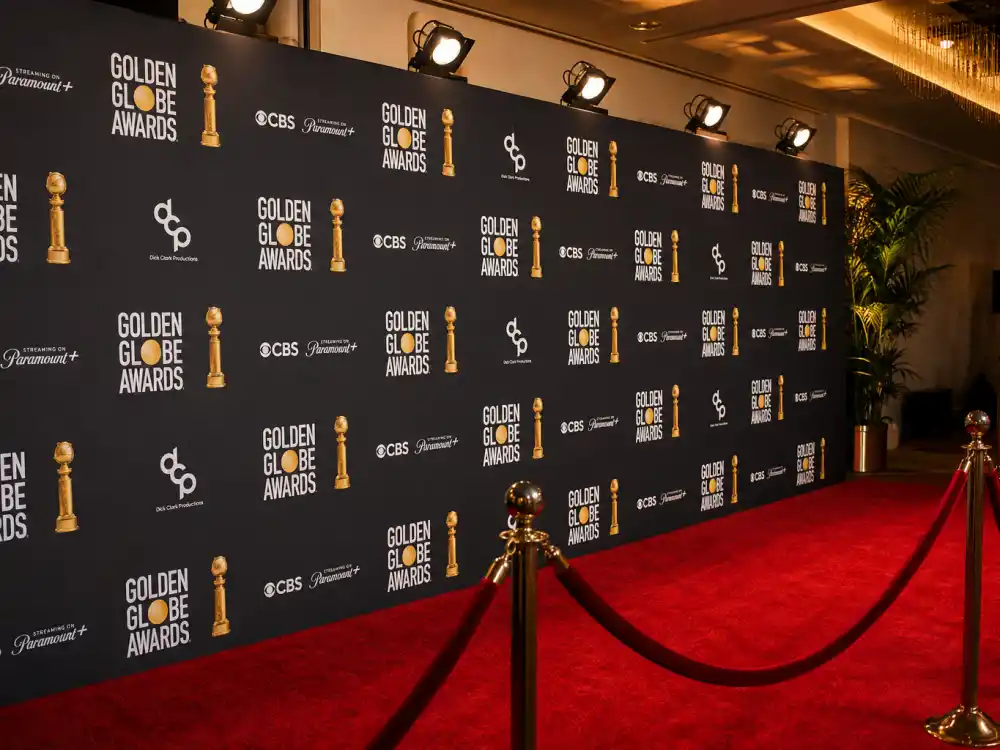 Television awards press wall for Golden Globes 2026 winners full list where The Pitt, The Studio, and Adolescence swept major TV categories