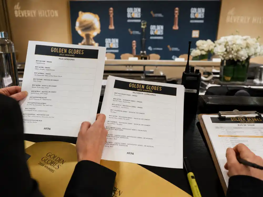 Awards research desk with category sheets documenting the verified Golden Globes 2026 winners full list sourced from GoldenGlobes.com and Variety