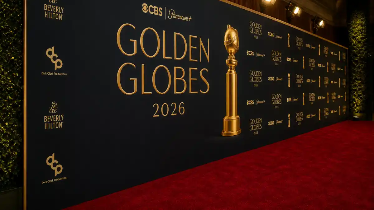 Golden Globes 2026 winners full list — press wall backdrop with golden globe statuette at Beverly Hilton 83rd ceremony