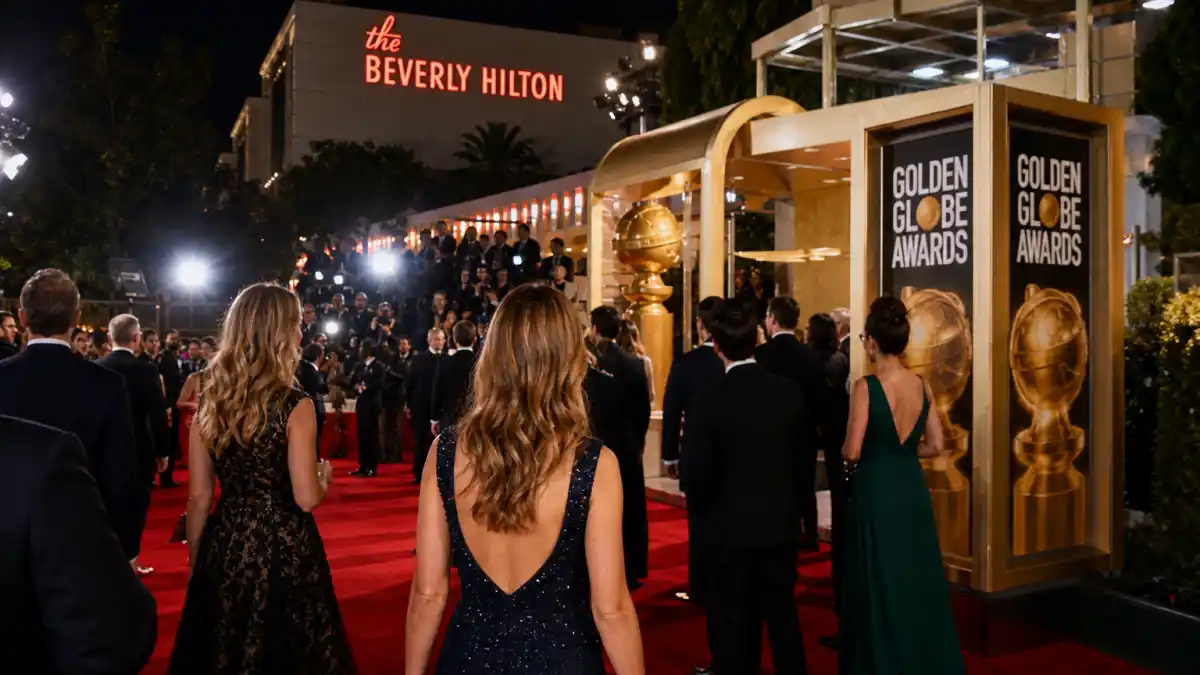 Golden Globes best dressed of all time — Beverly Hilton red carpet with HFPA golden globe backdrop and formal evening arrivals
