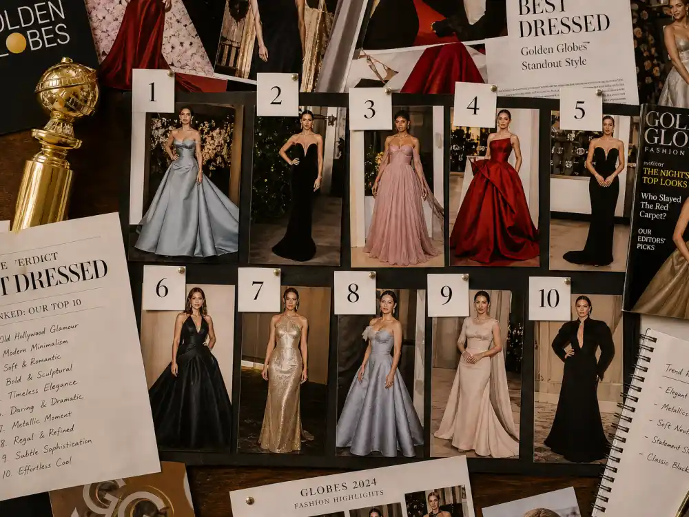 Editorial ranked verdict mood board for Golden Globes best dressed of all time top ten looks across HFPA red carpet history
