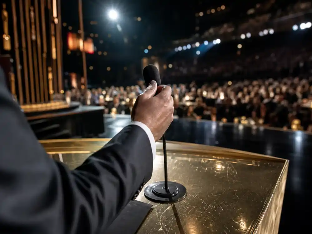 Host hand gripping the podium microphone under a spotlight — a defining image for the best Golden Globes host monologues ever at the Beverly Hilton