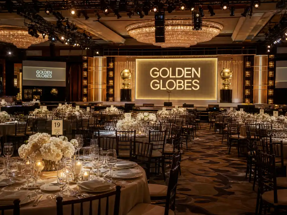 Beverly Hilton ballroom setup where Golden Globes hosts delivered some of the best award show opening monologues ever to a seated dinner audience