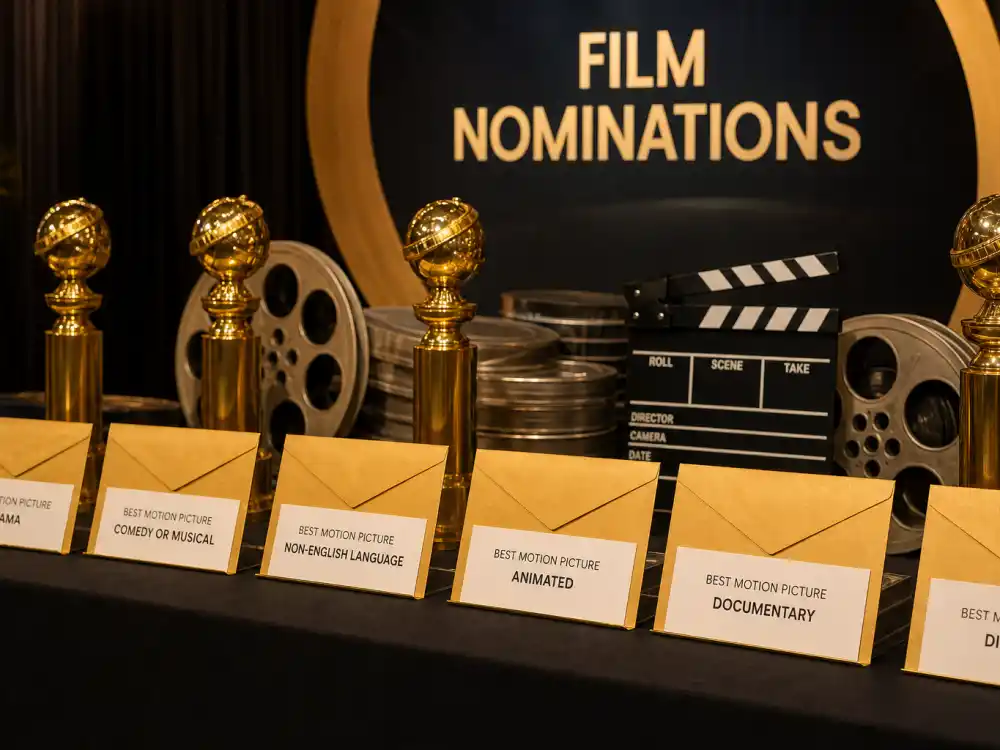Film category nomination envelopes beside golden globe trophies documenting the Golden Globes nominations 2026 list motion picture slate