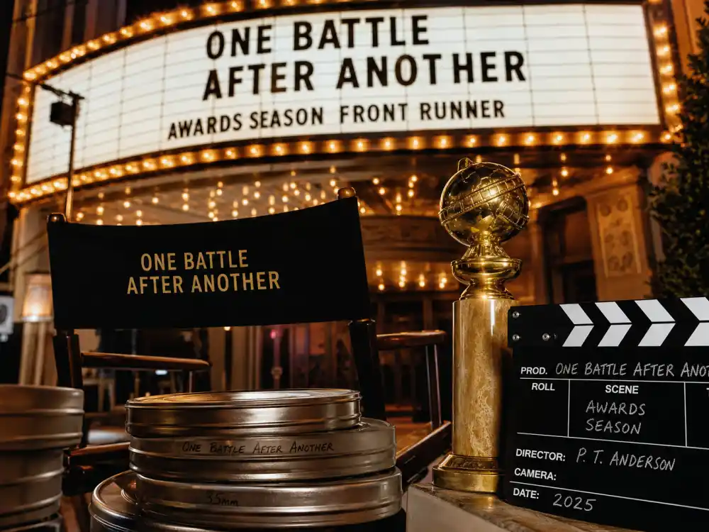 Cinema production props representing One Battle After Another — the film with nine bids topping the Golden Globes nominations 2026 list
