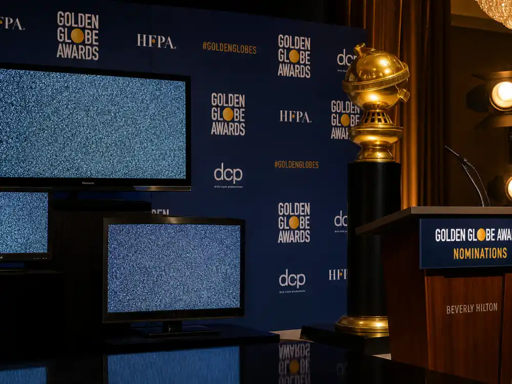 Television awards press wall setup for the Golden Globes nominations 2026 list where The White Lotus led with six TV bids