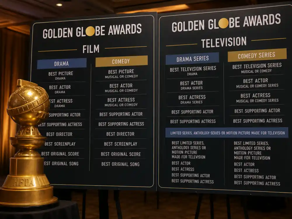 Film and television category boards show category splits in the Golden Globes vs Oscars difference explained