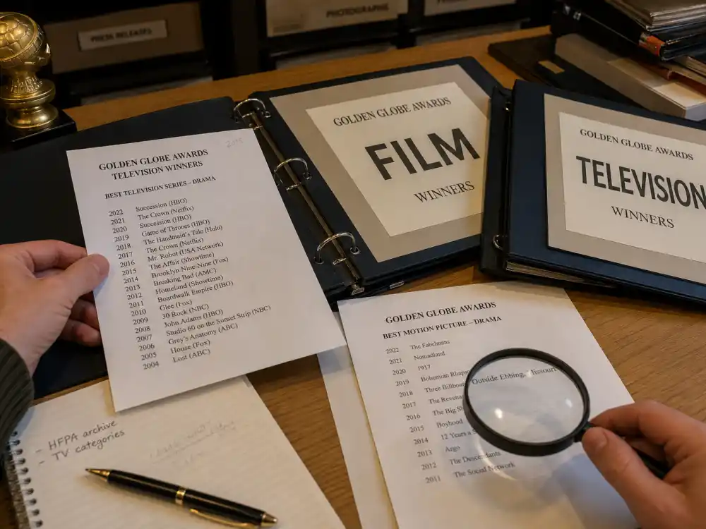 Awards research archive with film and television category binders for navigating the Golden Globes winners list all time