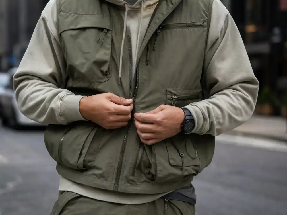 Olive utility vest with zip pockets layered over neutral hoodie illustrating gorpcore celebrity street style vest stacking technique