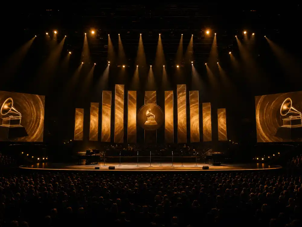 Arena stage spotlights evoking Grammy Album of the Year winners by year ceremony performances through the decades