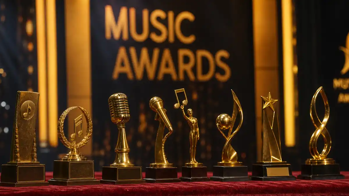 Grammy Album of the Year winners by year — row of generic golden music trophies spanning decades of Recording Academy history