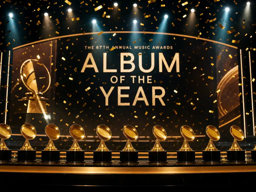 Awards podium with confetti celebrating champions on the Grammy Album of the Year winners by year list