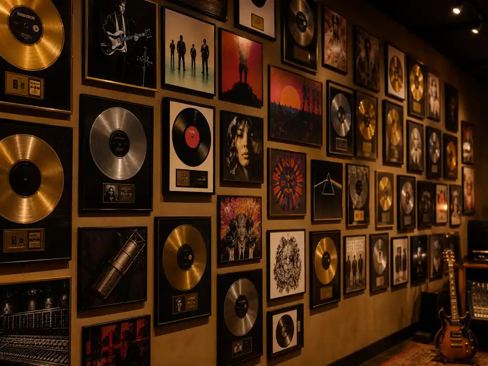 Recording studio gold record wall documenting Grammy Album of the Year winners by year across music history