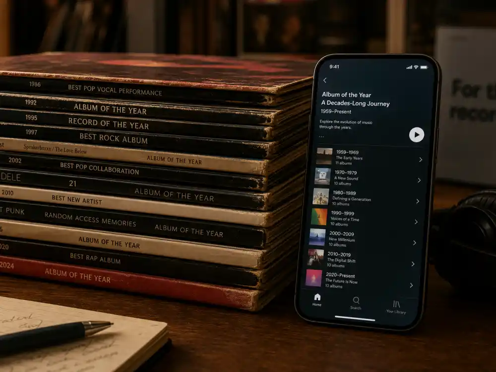 Vintage vinyl and modern streaming contrast in the Grammy Album of the Year winners by year timeline from analog to digital eras