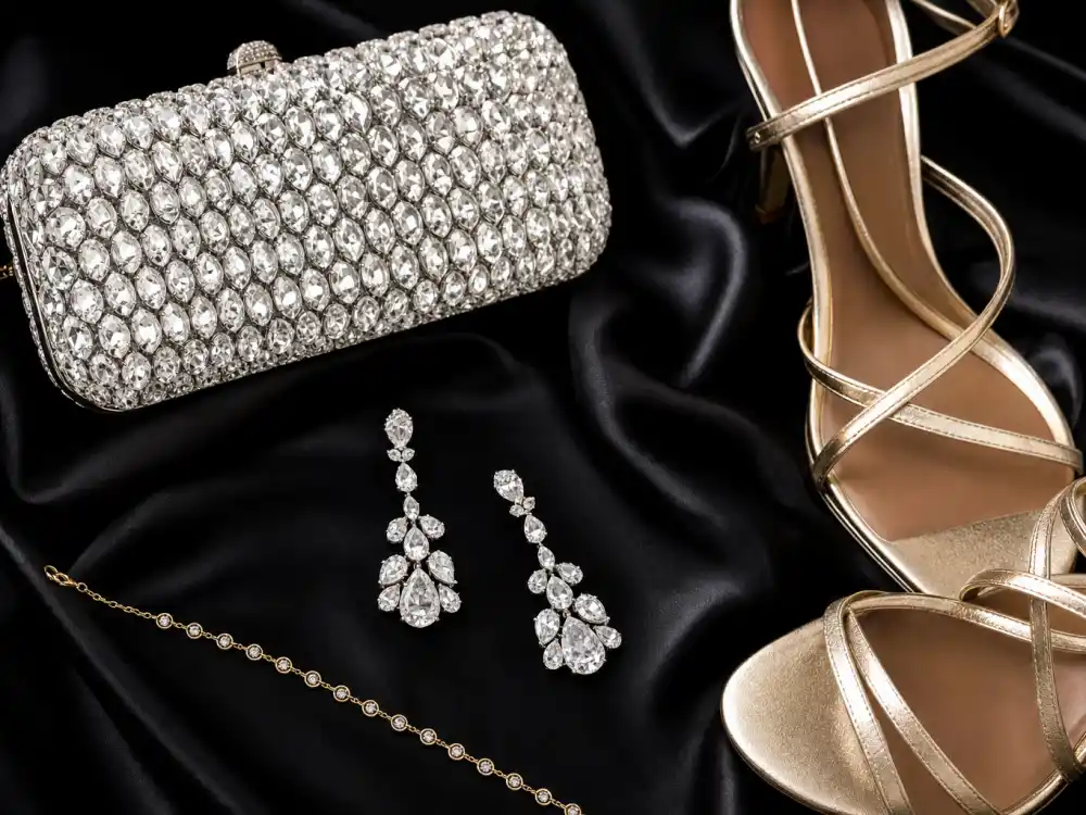 Diamond drop earrings crystal clutch strappy gold heels and bracelet flat lay finishing grammy awards celebrity outfits 2026 accessory stacking rules