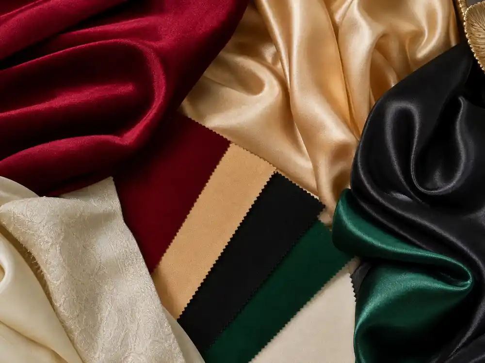 Cherry red champagne gold midnight black emerald and ivory silk fabric swatches flat lay illustrating 2026 color palette trends in grammy awards celebrity outfits 2026