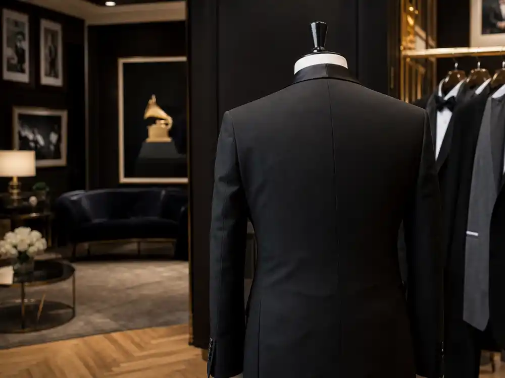 Black tailored tuxedo with satin lapels on dress form from behind illustrating grammy awards celebrity outfits 2026 formal menswear and gender-fluid tailoring codes