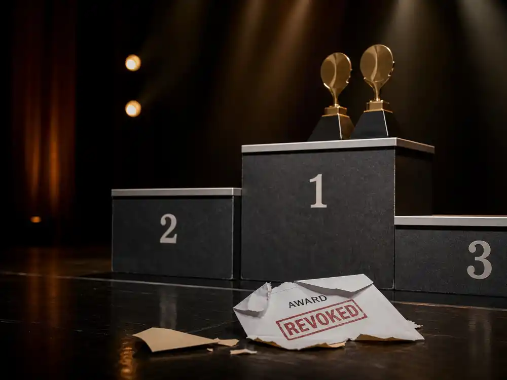 Revoked award envelope beside generic golden trophy symbolizes Milli Vanilli — the only revoked Grammy Best New Artist winners case