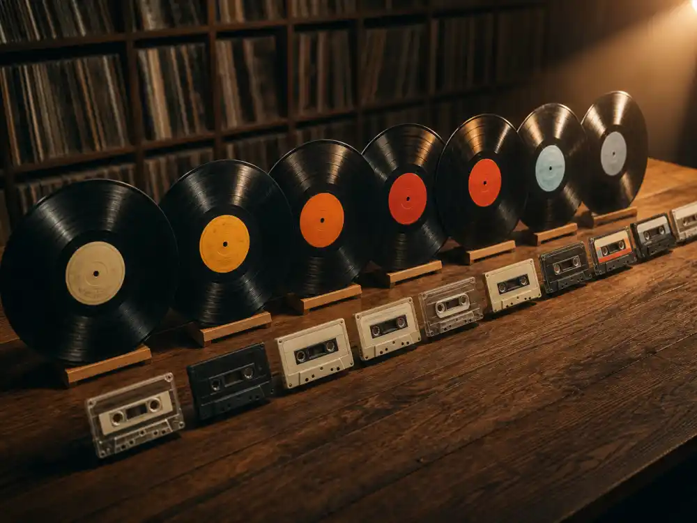 Vinyl records arranged chronologically evoke Grammy Best New Artist winners across every decade since 1960