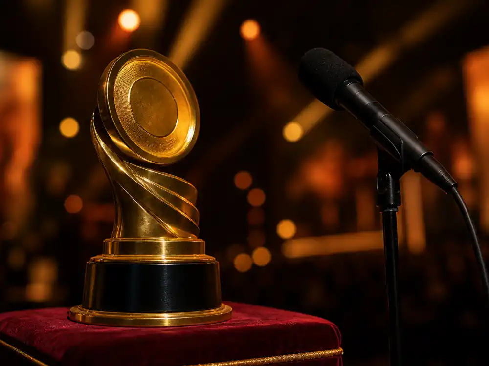 Golden music award trophy beside microphone represents every Grammy Best New Artist winners lineage on stage