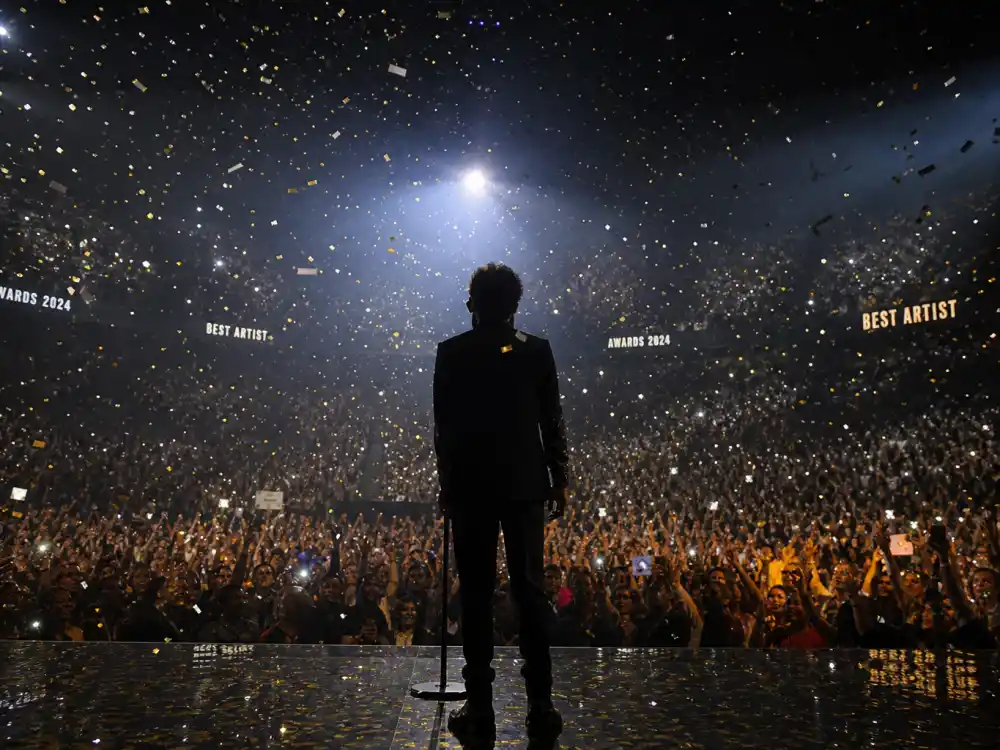 Arena crowd celebrating from stage view captures the career-launch moment Grammy Best New Artist winners experience on awards night